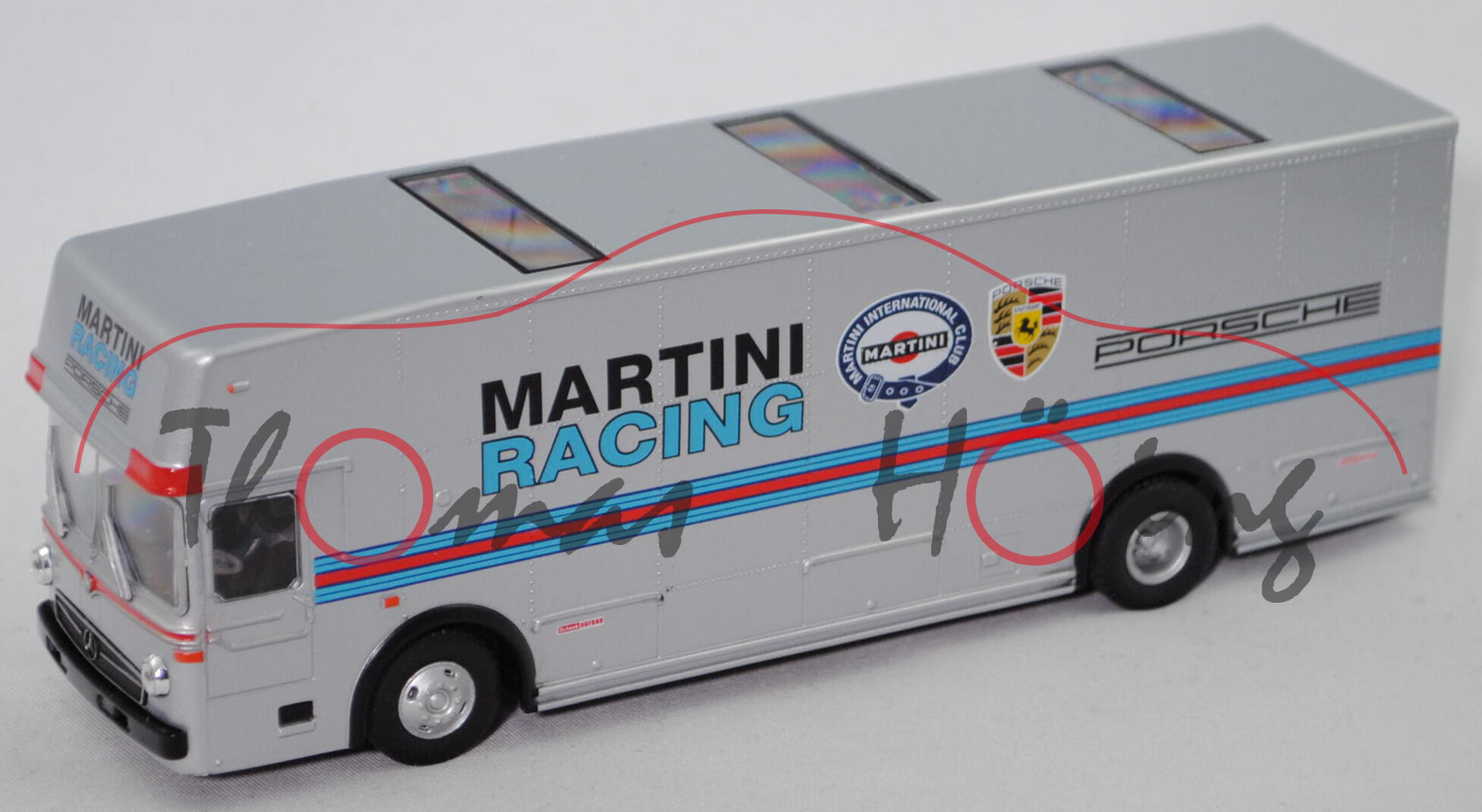 Mercedes-Benz O 317 K Renntransporter, silber, MARTINI / RACING / PORSCHE, Schuco, 1:64, mb