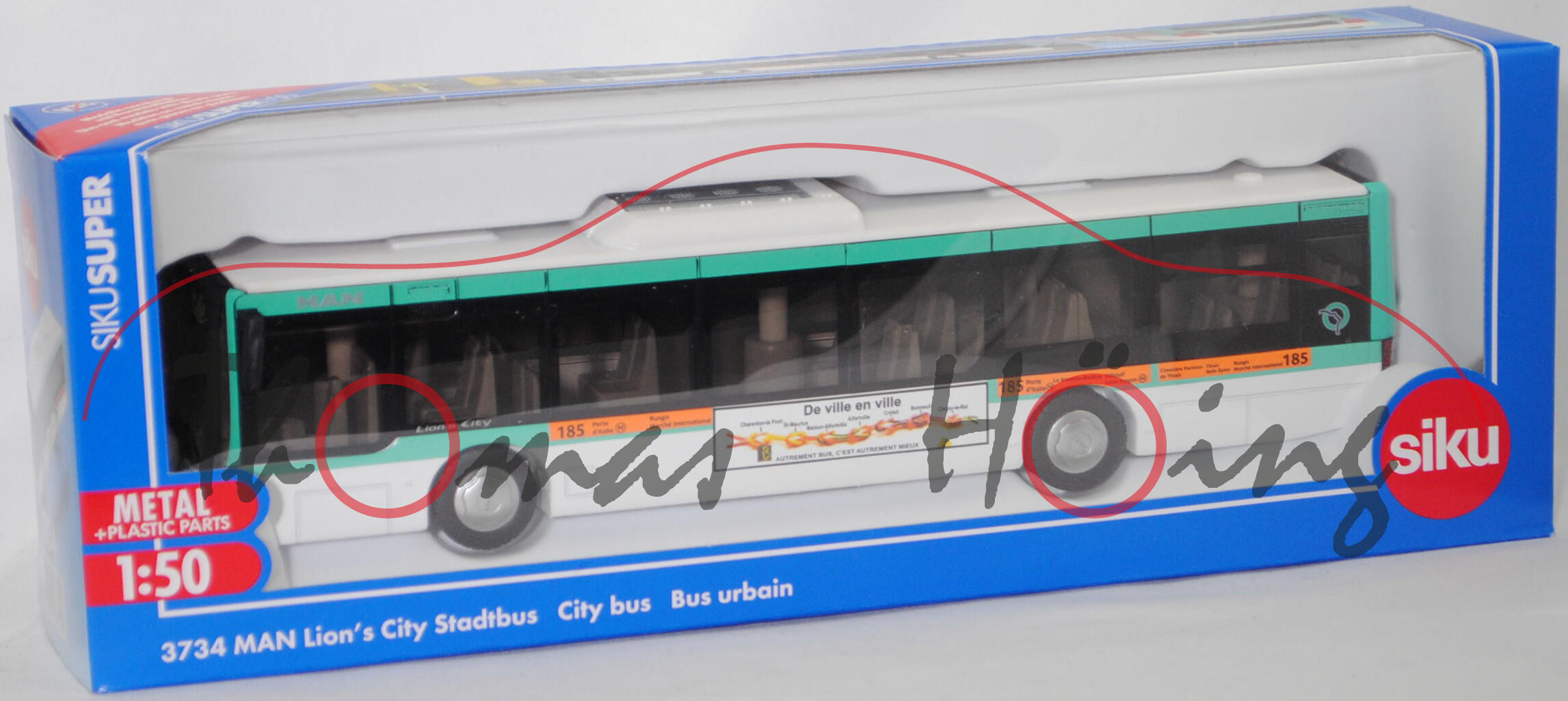 00105 F MAN Lion's City Solobus mit 3 Türen (Typ A37, Modell NL 243, Modell 2004-2009) (Stadtbus), reinweiß/grüntürkis, RATP, SIKU SUPER 1:50, L17mpK Werbeschachtel