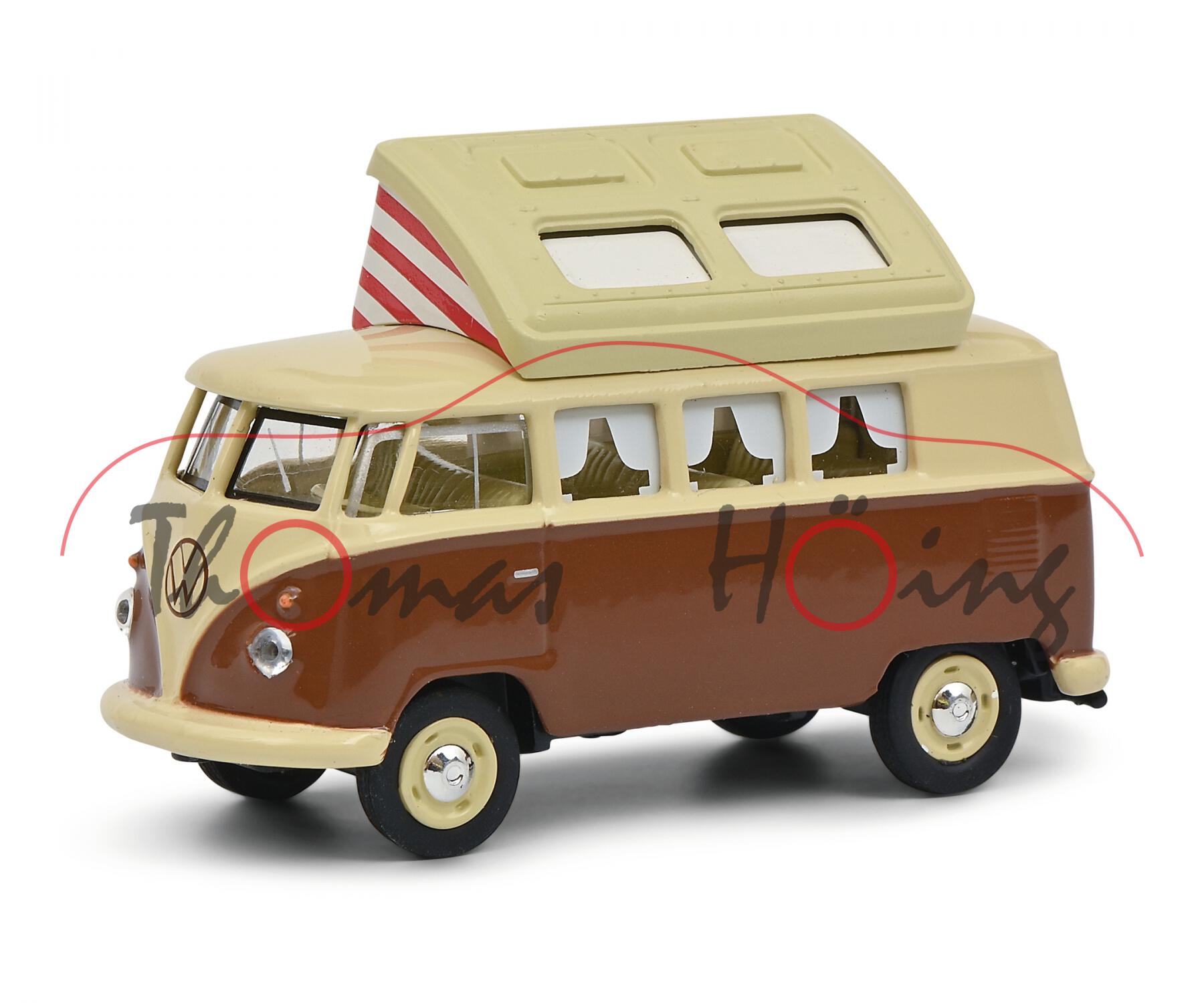 VW Transporter (Typ 2 T1, Modell 1961-1963) Camper, elfenbein/hell-signalbraun, Schuco, 1:64, mb