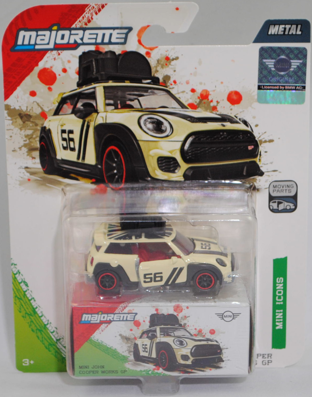 MINI John Cooper Works GP (F56, 1. Facelift 2018, Modell 2020-2020) mit Dachgepäckträger und Ladegut (Nr. 265C), hell-elfenbein, majorette, 1:58, Blister (MINI ICONS DELUXE CARS)