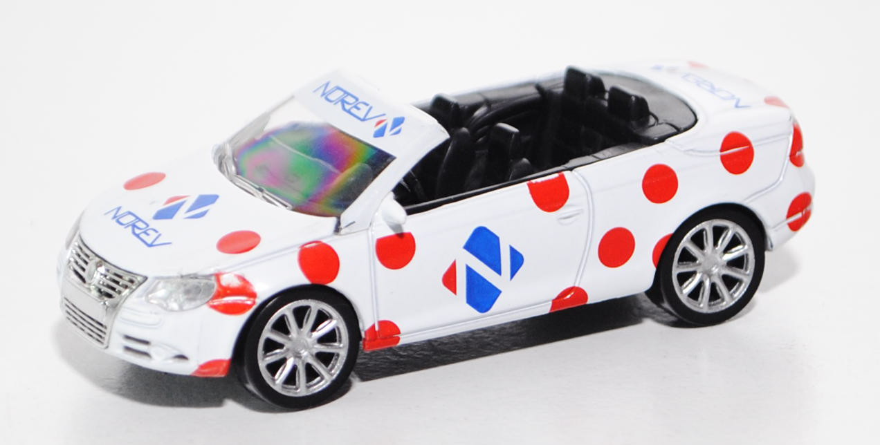 VW Eos (Typ 1F, Modell 2006-2011), reinweiß, mit roten Punkten bedruckt, NOREV, ca. 1:58, Norev RACI