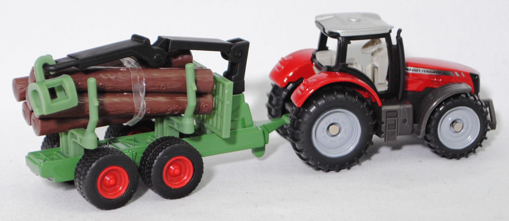 00000 Massey Ferguson MF 8737 Dyna-VT Efficient (Modell 2014-2017) Traktor und Forstanhänger mit Zwei-Achs-Fahrgestell, karminrot und hell-grasgrün, SIKU SUPER, P29f