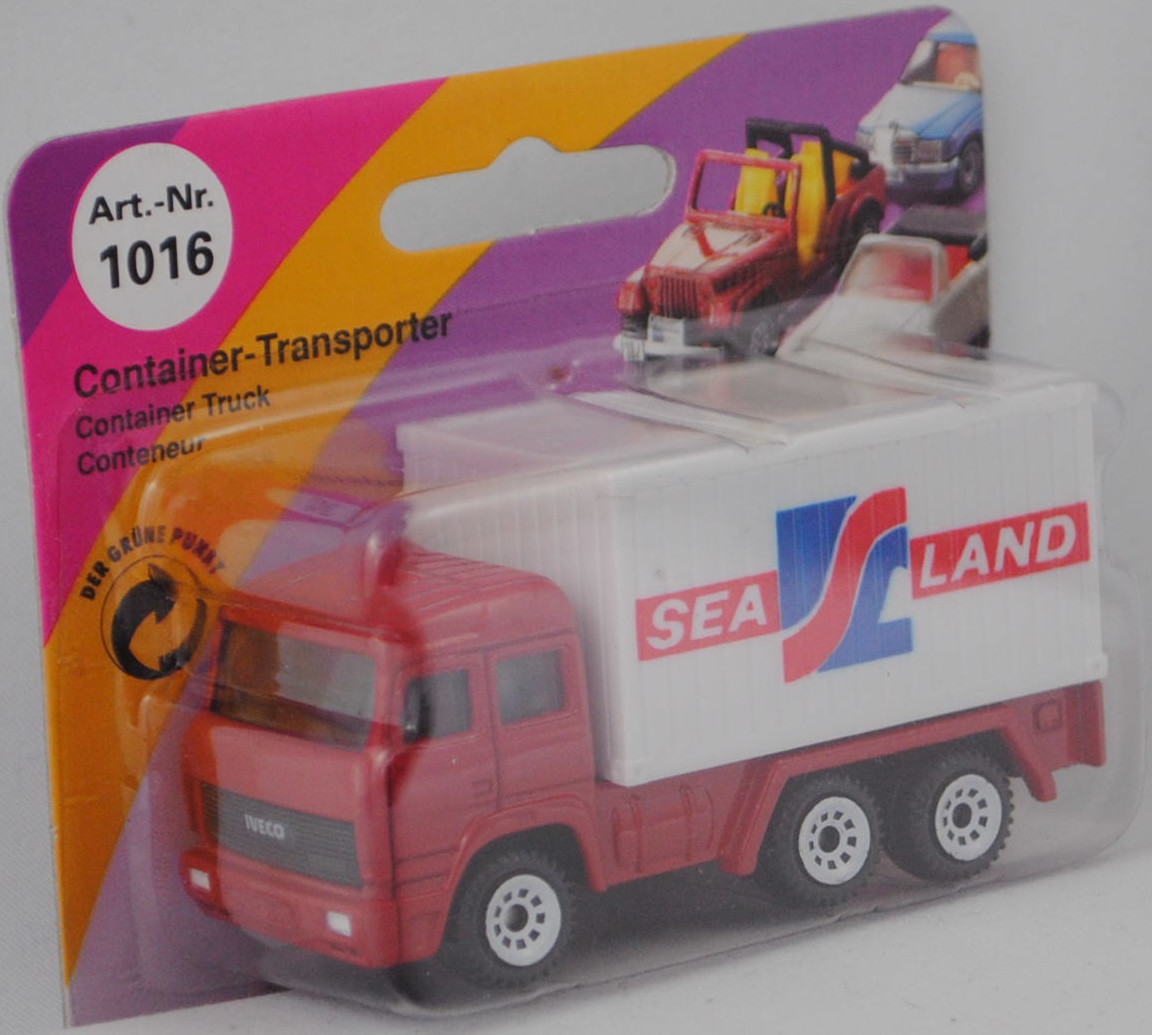 00001 Iveco TurboStar 240-36 6x2 (Modell 1987-1990) Container-Transporter, rot, Bpr. 0815 / 1016, C1 weiß, 1:86, Container reinweiß, SEA LAND in ultramarinblau/rot, 1:121, SIKU SUPER, P23