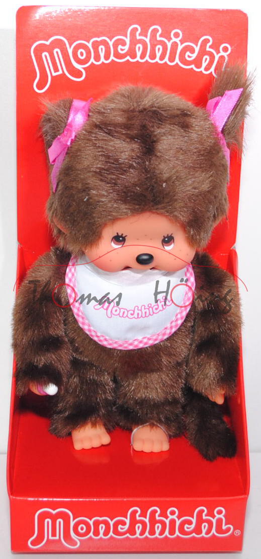 Monchhichi Standard Twin Tail Girl (Mädchen mit pink/grauem Latz), 20 cm groß, Sekiguchi