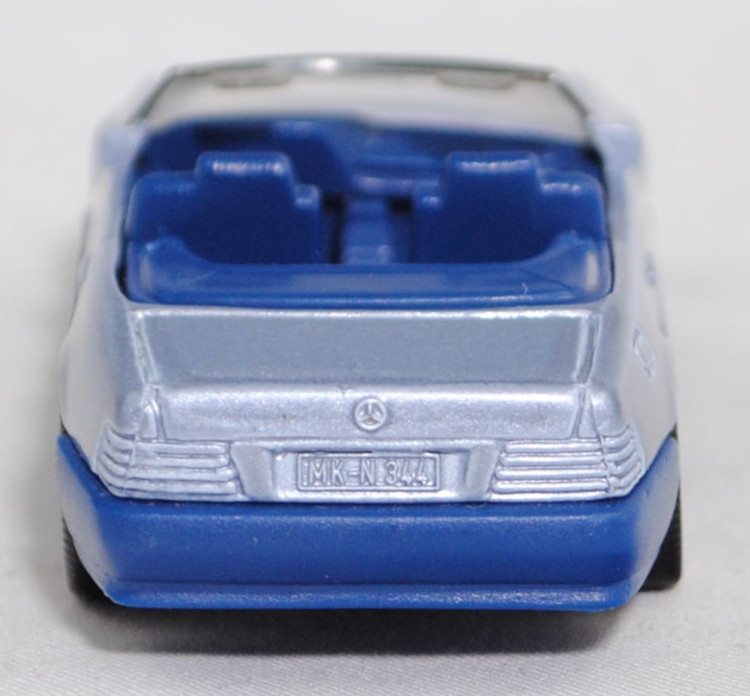 00005 Mercedes-Benz 500 SL ohne Verdeck (Hardtop) (R 129, Modell 1989-1992), silberblaumetallic/saphirblau, Scheibe seitlich lackiert, Heckklappe mit Stern, Hong, B7, SIKU, 1:55, m (Verdeck weg)