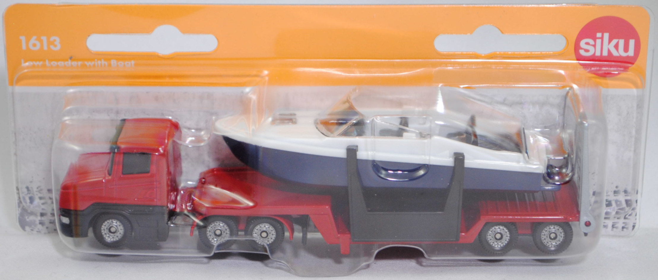 00006 Scania T114GA 6x4 NZ 340 (Baureihe Serie 4, Modell 1995-1998) mit 2-Achs-Tiefbett Sattelauflieger und Boot, dunkel-verkehrsrot + reinweiß/saphirblau, SIKU SUPER, P29f