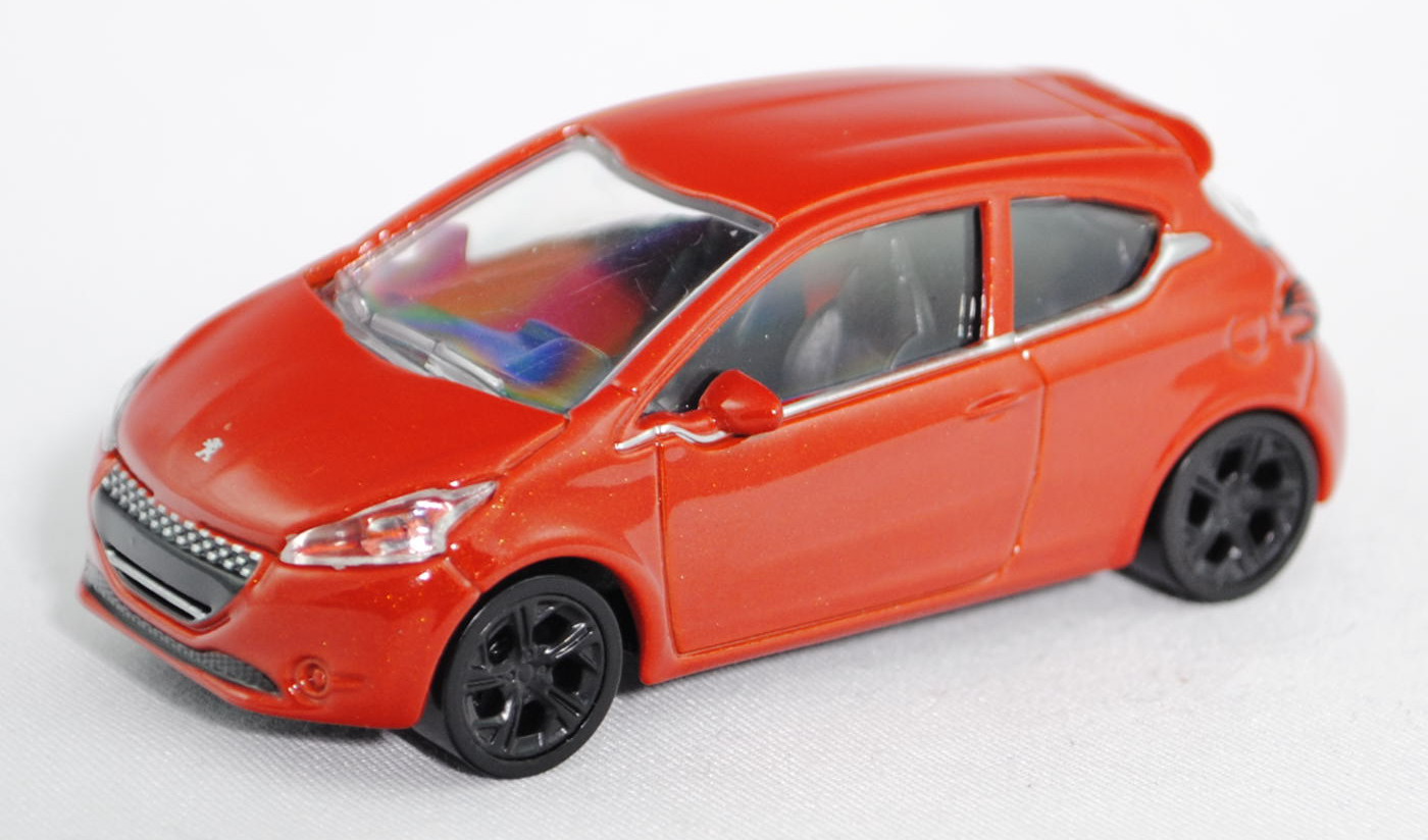 Peugeot 208 (Typ Dreitürer, Modell 2012-), tomatenrotmetallic, Felgen schwarz, ca. 1:59, Norev SHOWR