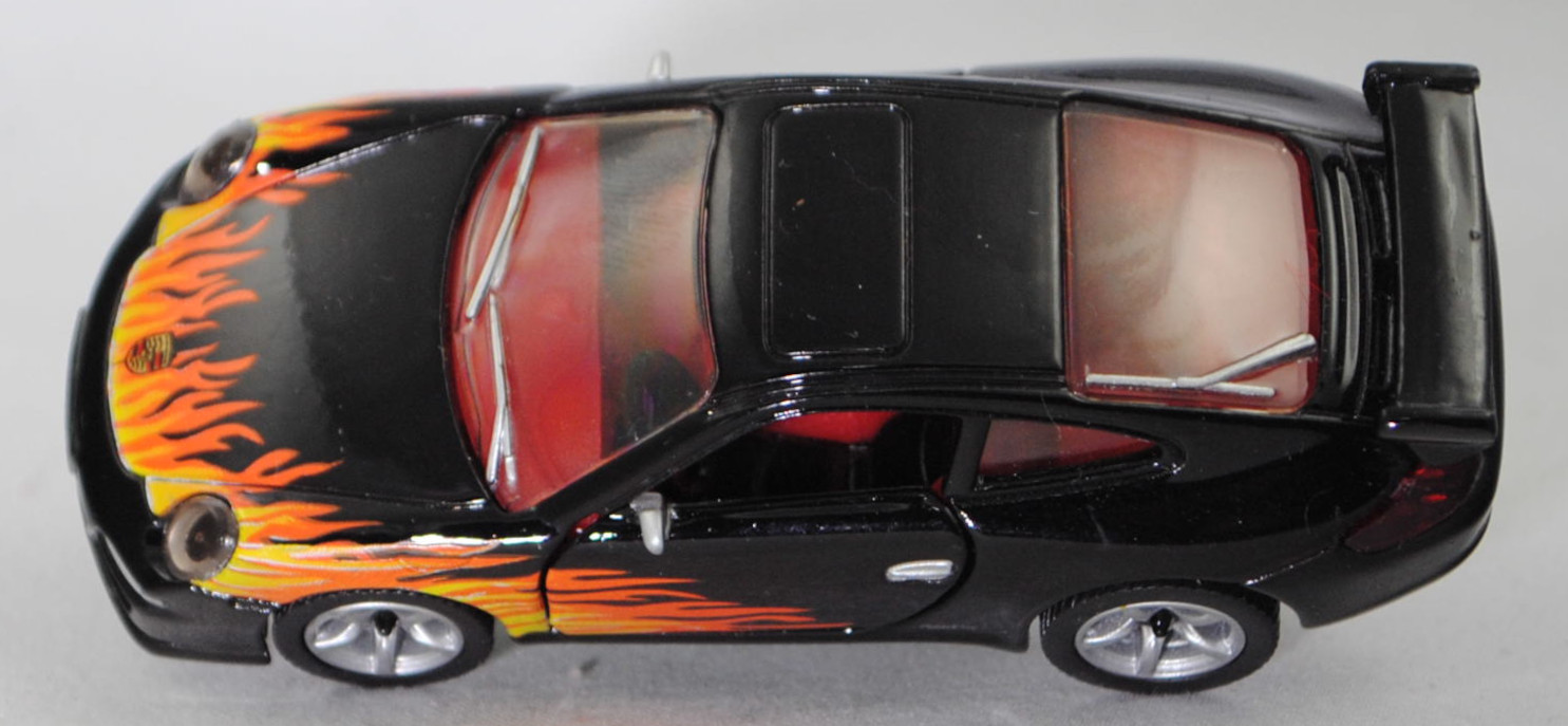 00401 Porsche 911 Carrera S (Typ 997.1 Coupé / 997 MK1 Coupé, Vorfacelift, Modell 2004-2008), schwarz, blackline / Flammendesign, SIKU SUPER, 1:55, m