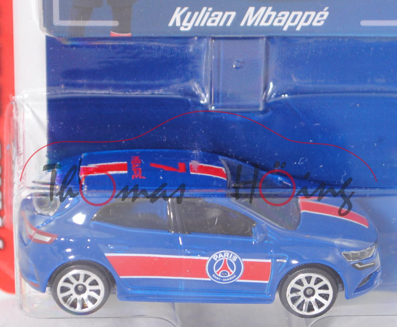 Renault Mégane R.S. (Modell 2018), enzianblau, 7 / MBAPPÉ, mit Sammelkarte, majorette, 1:63, Blister