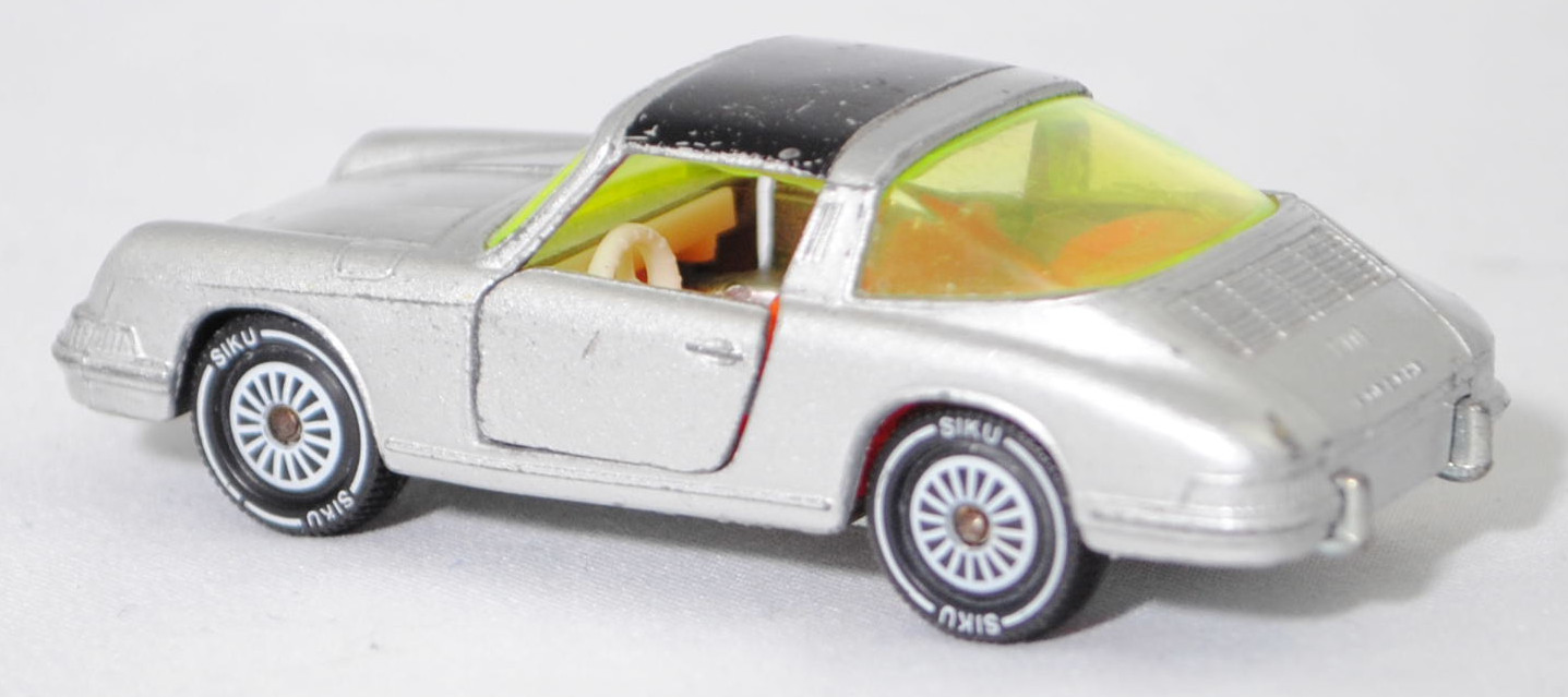 00004 Porsche 911 E Targa (Modell 1968-1969), silbergraumetallic, innen rotorange, Lenkrad cremeweiß, W-Germ, Verglasung gelbgrün, R11, SIKU SUPER, 1:60, m-