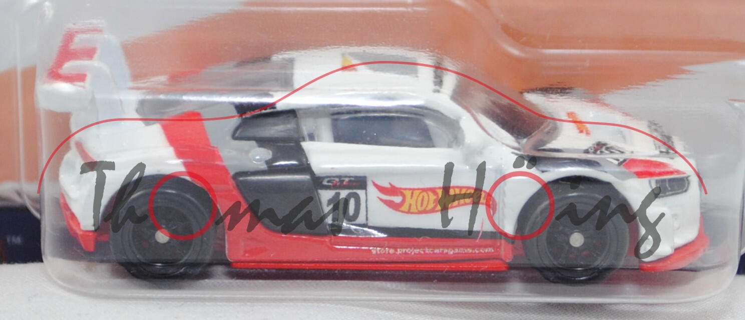 Audi R8 LMS GT3 (Modell 2015-2019), reinweiß/rot/grau/schwarz, Nr. 10, Hot Wheels, ca. 1:66, Blister