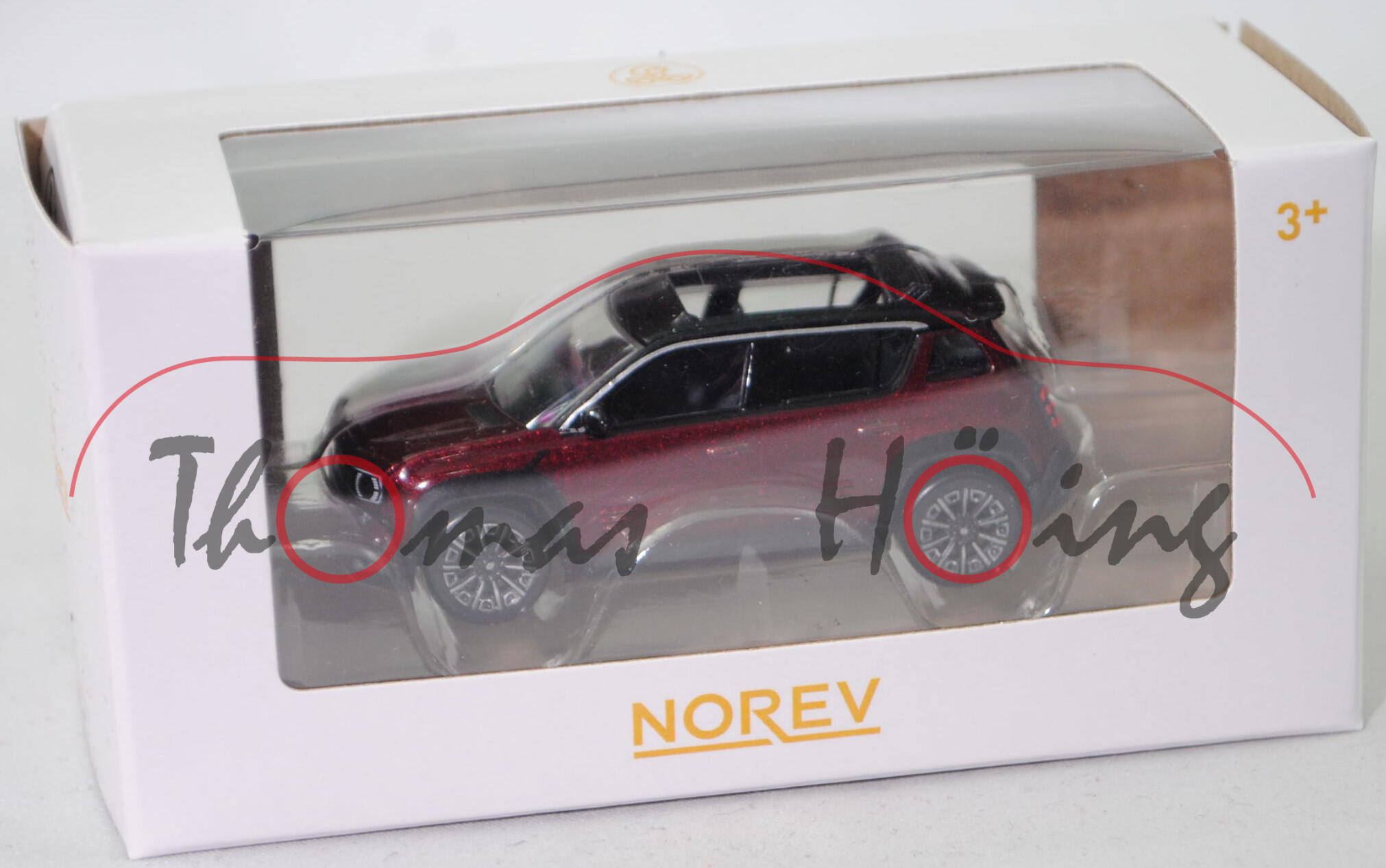 Renault 4 E-Tech elektrisch plein sud™ Iconic 150 Comfort Range (Modell 2025-), Karosserie karmesin-rot, Dach black-pearl-schwarz, Norev, 1:64, mb