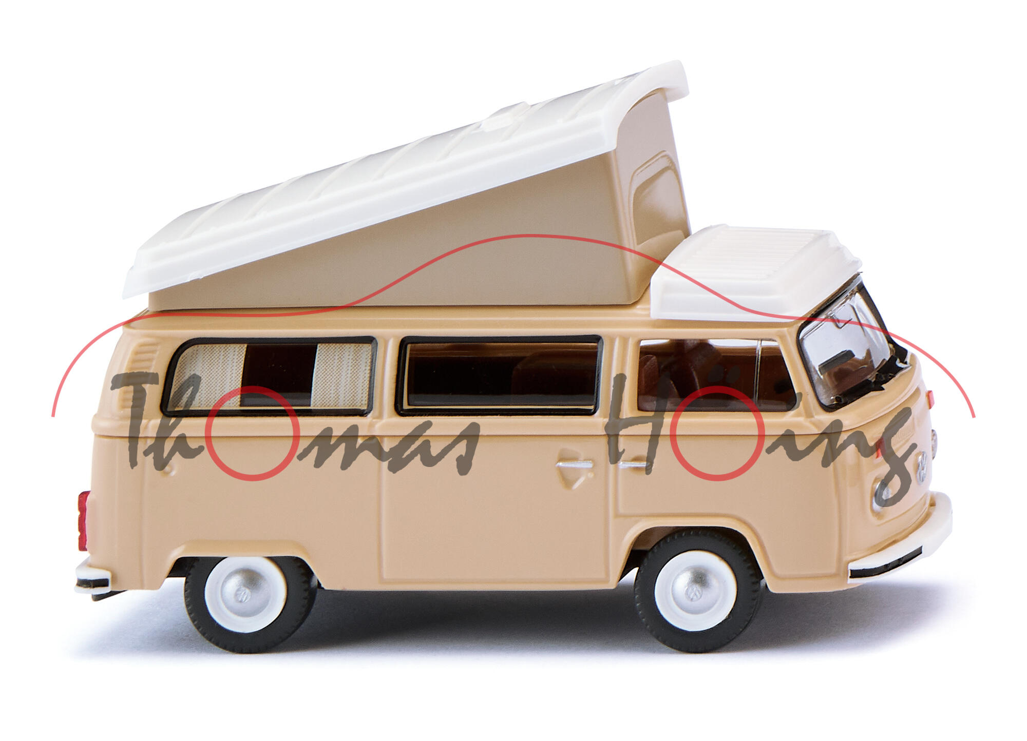 VW T2 Campingwagen (Typ 2 Transporter 2 bzw. T2b, Facelift 2 von 1972, Modell 1973-1979) mit hochgestelltem Aufstelldach, beige, Wiking, 1:87, mb