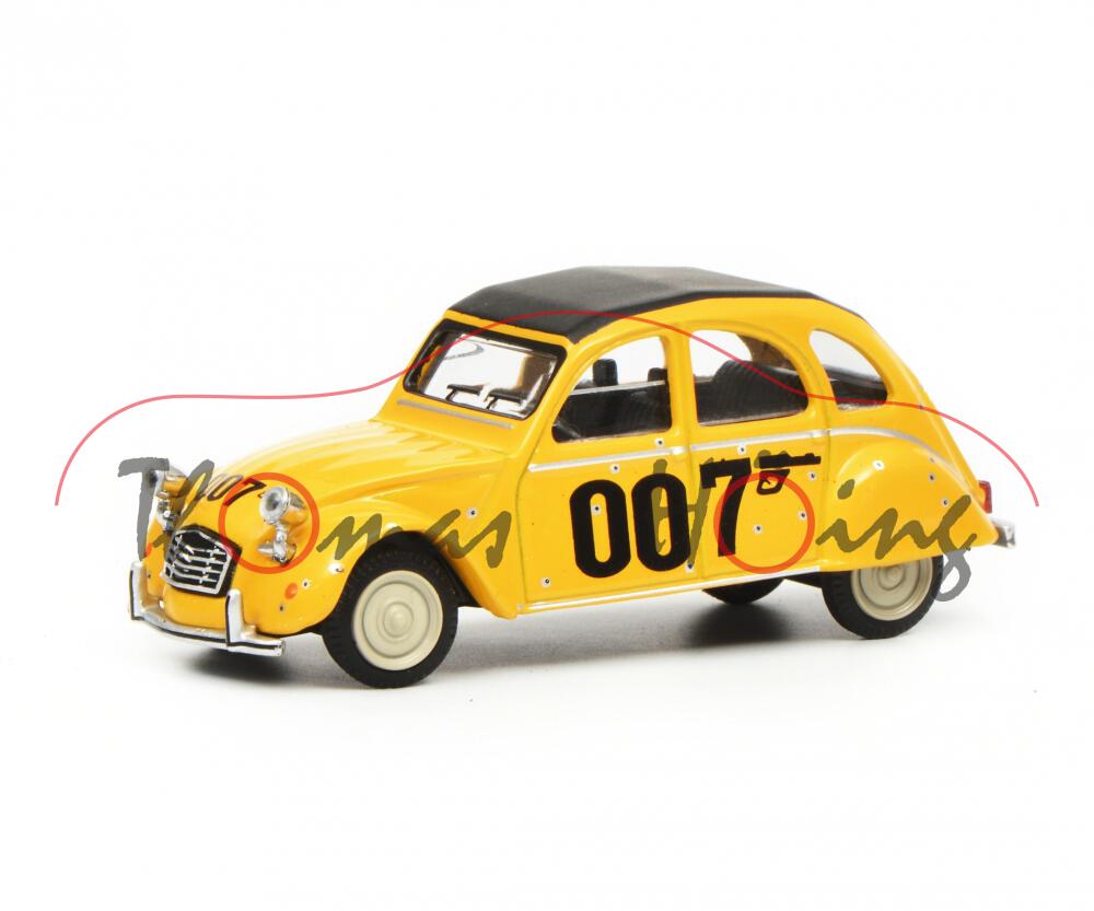 Citroen 2CV 6 007 (Sondermodell 81), gelb, Dach schwarz, 007 + Pistole auf Seiten, Schuco, 1:64, mb