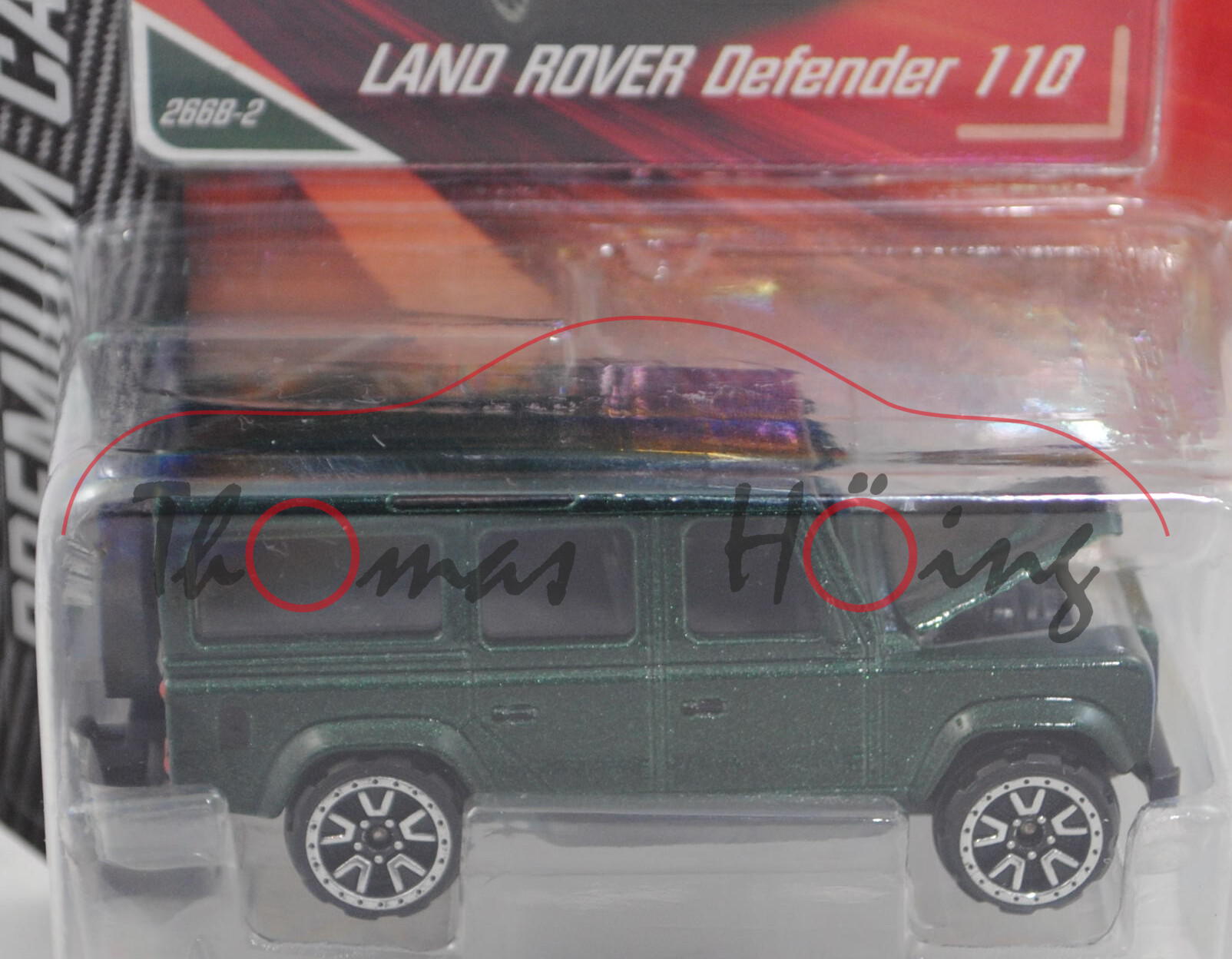 Land Rover Defender 110 CWS (Modell 1990-2016), moosgrünmetallic, majorette, ca. 1:60, Blister
