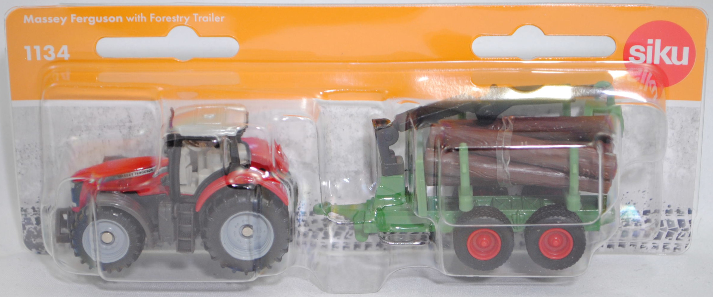 00000 Massey Ferguson MF 8737 Dyna-VT Efficient (Modell 2014-2017) Traktor und Forstanhänger mit Zwei-Achs-Fahrgestell, karminrot und hell-grasgrün, SIKU SUPER, P29f
