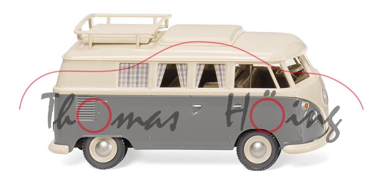 VW Transporter Campingbus (Typ 2 T1, Modell 1963-1967), perlweiß/staubgrau, Wiking, 1:87, mb