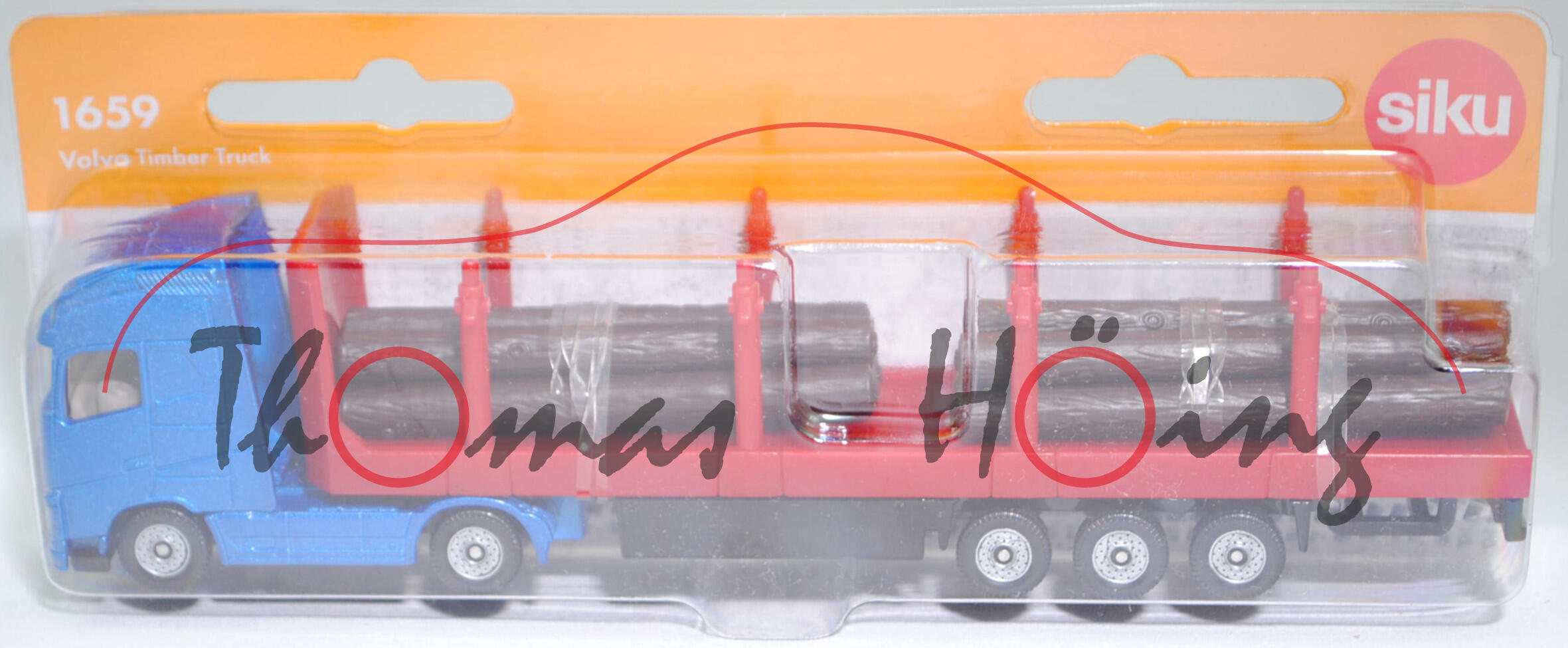 00003 Volvo FH16 750 Globetrotter-XL (Modell 2013-2020) mit Sattelauflieger für den Holztransport, blaumetallic/karminrot/schwarz, C36, SIKU SUPER, 1:87, P29f