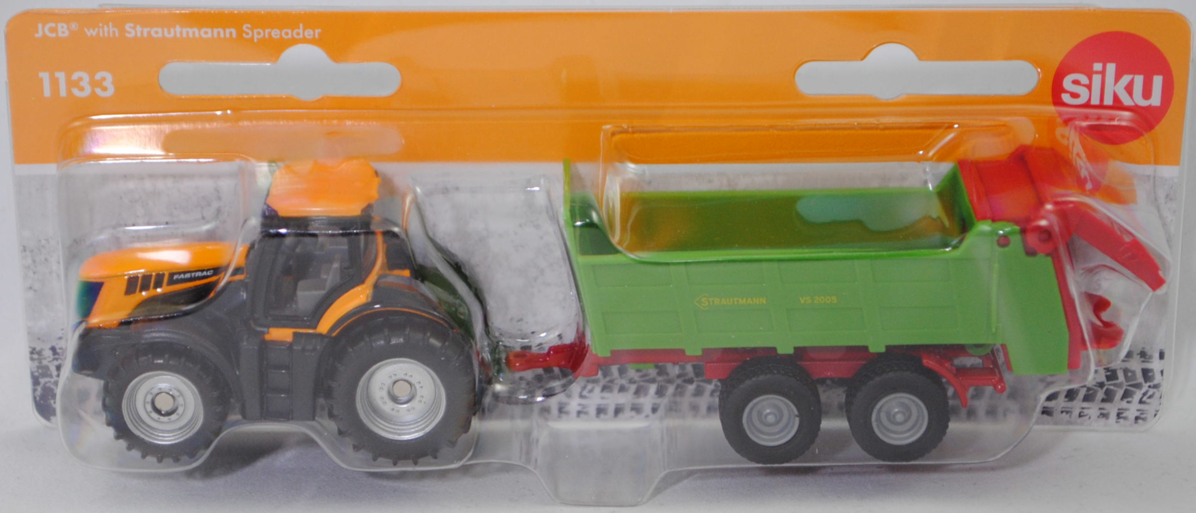 00000 JCB® 8250 V-TRONIC FASTRAC (Modell 2005-2011) und Strautmann Streublitz Universalstreuer VS 2004 (Modell 2012-2016), melonengelb/schwarz und gelbgrün, SIKU SUPER, P29f
