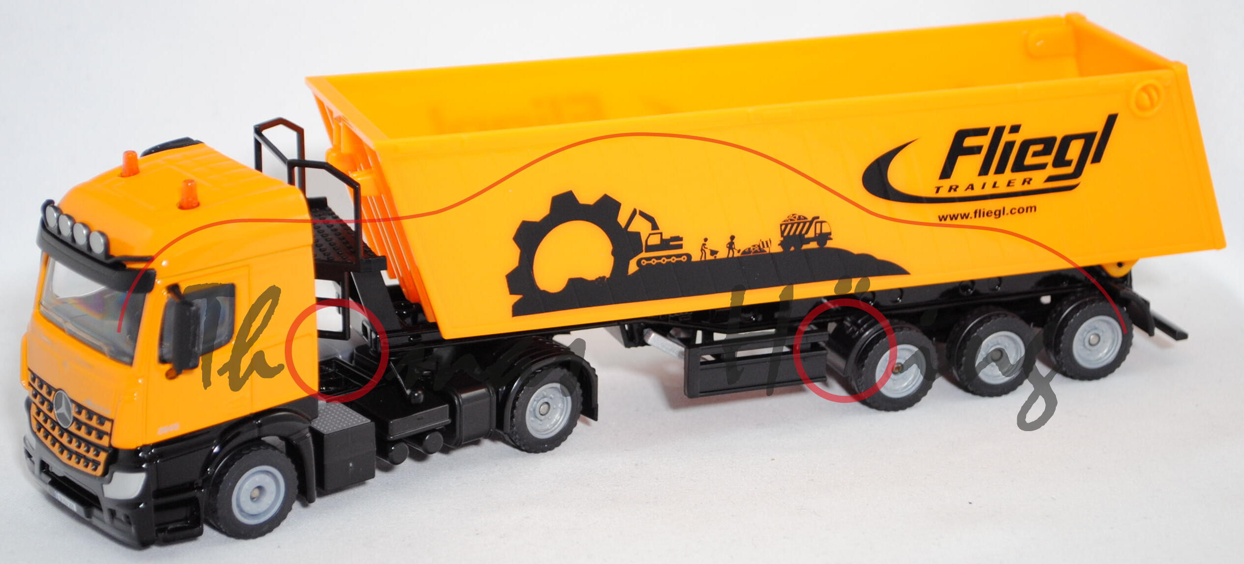 00003 Mercedes-Benz Arocs (Mod. 13-) mit Muldenkipper, melonengelb, Fliegl / TRAILER, SIKU 1:50, mb