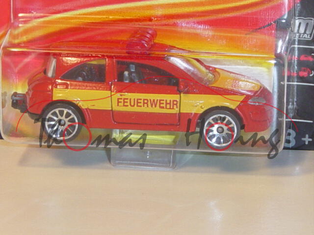 Renault Megane II (Nr. 221C), karminrot/chromgelb, FEUERWEHR, Türen zu öffnen, majorette, 1:58, Blis