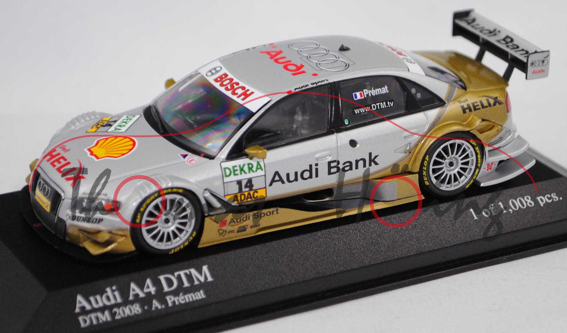 Audi A4 DTM 2007 (B7, Typ 8EC / R13), silber/gold, DTM 2008, Alexandre Prémat, Minichamps, 1:43, mb