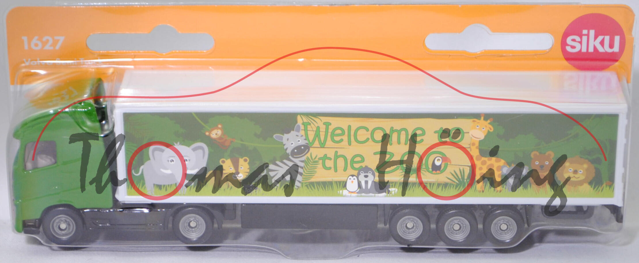 00011 Volvo FH16 750 Globetrotter-XL 4x2 (3. Generation, Vorfacelift, Modell 2013-2020) mit Koffer-Sattelauflieger, grün/weiß, Welcome to / the ZOO, SIKU SUPER, 1:87, P29f