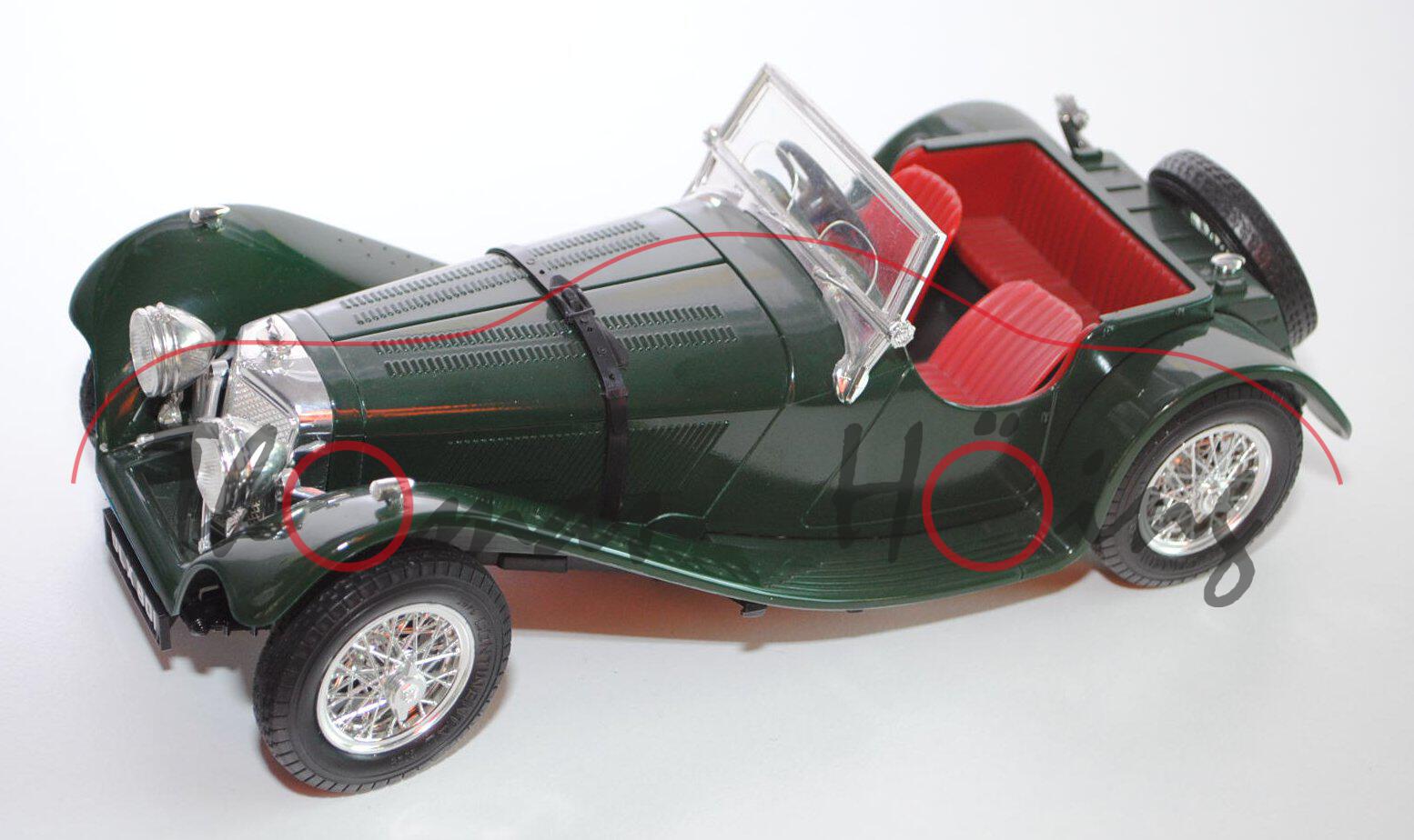 Jaguar SS 100 (1937), dunkelgrün, Motorhaube zu öffnen, mit Lenkung, Bburago, 1:18