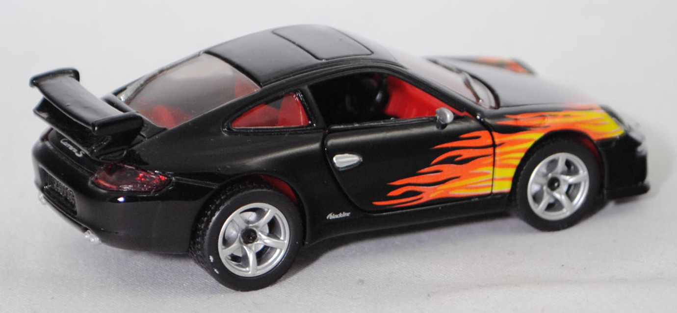 00401 Porsche 911 Carrera S (Typ 997.1 Coupé / 997 MK1 Coupé, Vorfacelift, Modell 2004-2008), schwarz, blackline / Flammendesign, SIKU SUPER, 1:55, m