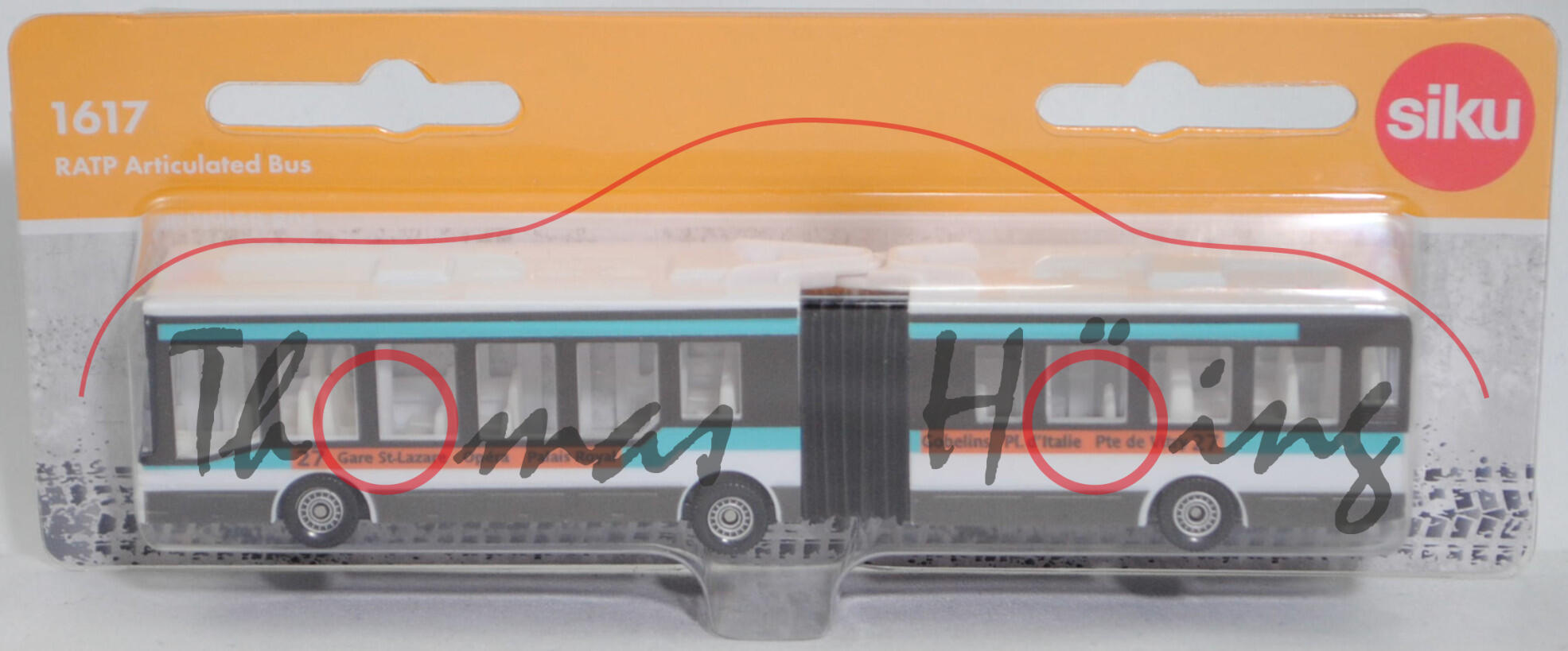 00104 F MAN NG 312 Niederflur-Gelenkbus (Modell 1995-1999), weiß, 27 Gare St-Lazare Opéra Palais Royal / Gobelins Pl. d'Italie Pte de Vitry, SIKU, 1:114, P29f (Limited Edition / FRANCE SPECIAL)