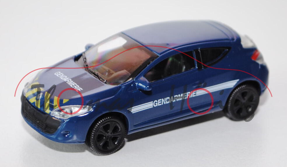 Renault Megane 2008, saphirblau, GENDARMERIE, gelbe Streifen vorne und hinten, 1:50, Norev, mb