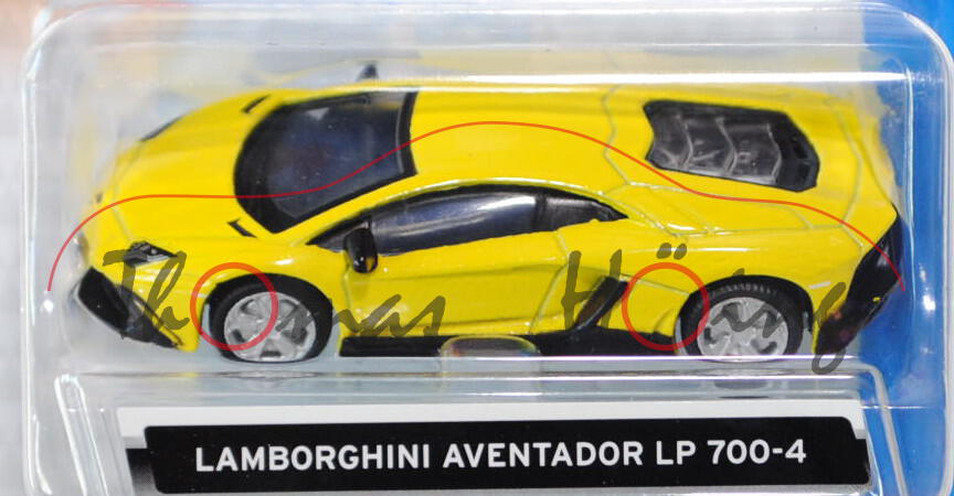 Lamborghini Aventador LP 700-4 (Modell 2011-), dunkel-schwefelgelb, innen schwarz, Bburago, 1:64 (Gr