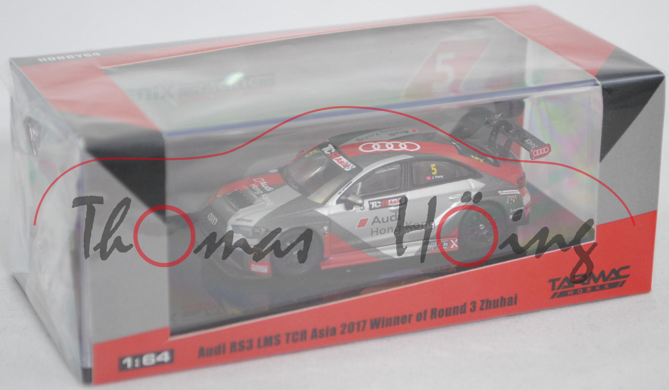 Audi RS3 LMS TCR, silber/grau/rot, TCR Asia Series 2017, Jasper Thong, Nr. 5, TARMAC WORKS, 1:64, mb