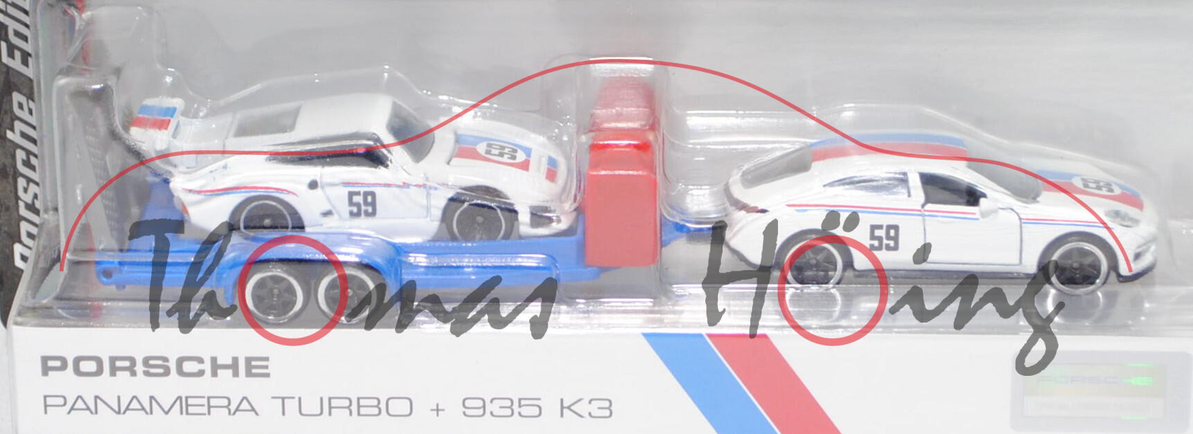 Porsche Panamera Turbo + Autotransporter + Porsche 935 K3/80, reinweiß, Nr. 59, majorette, Blister
