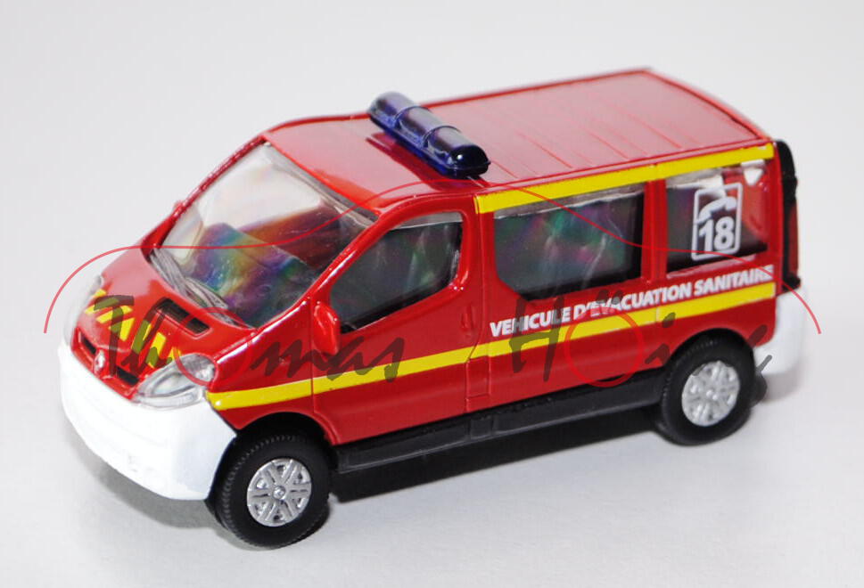 Renault Trafic, signalrot, VEHICULE D\'EVACUATION SANITAIRE / C 18, mit gelben Streifen, Heckklappe 