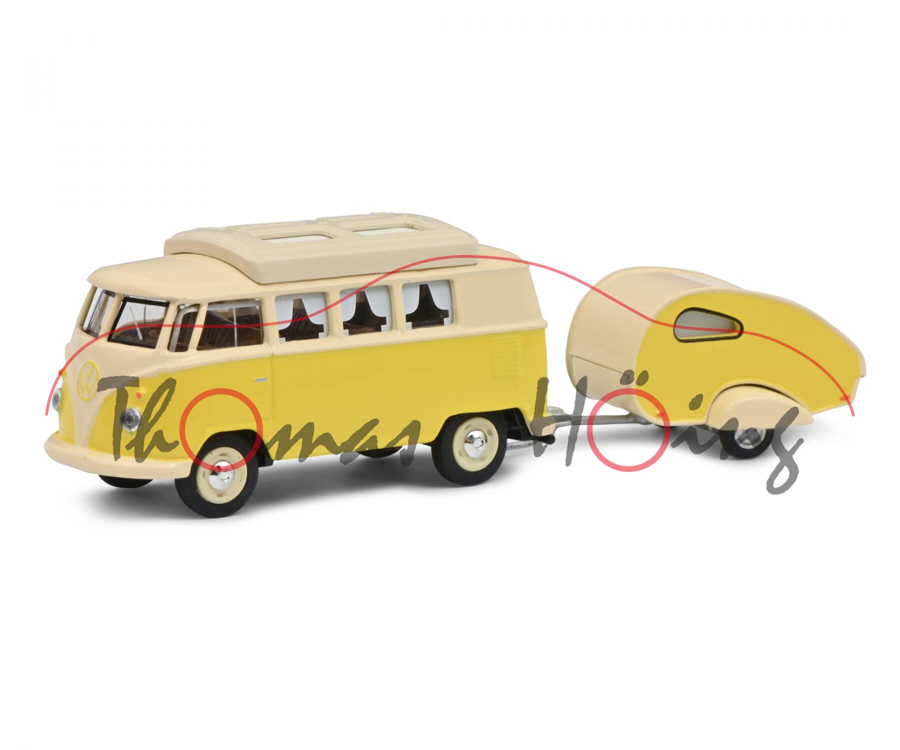 VW T1 (Mod. 1961-1963) Camper mit Campinganhänger PICCOLO ES, elfenbein/gelb, Schuco, 1:64, mb