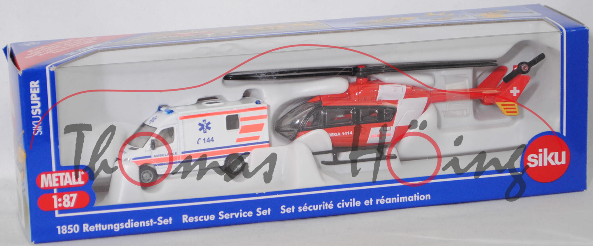 03901 / 00186 CHF-Rettungsdienst-Set: RTW Mercedes-Benz Sprinter II und Eurocopter EC 145 Hubschrauber, RTW: AMBULANCE / C 144; Hubschrauber: REGA 1414, SIKU, 1:87, L17mK