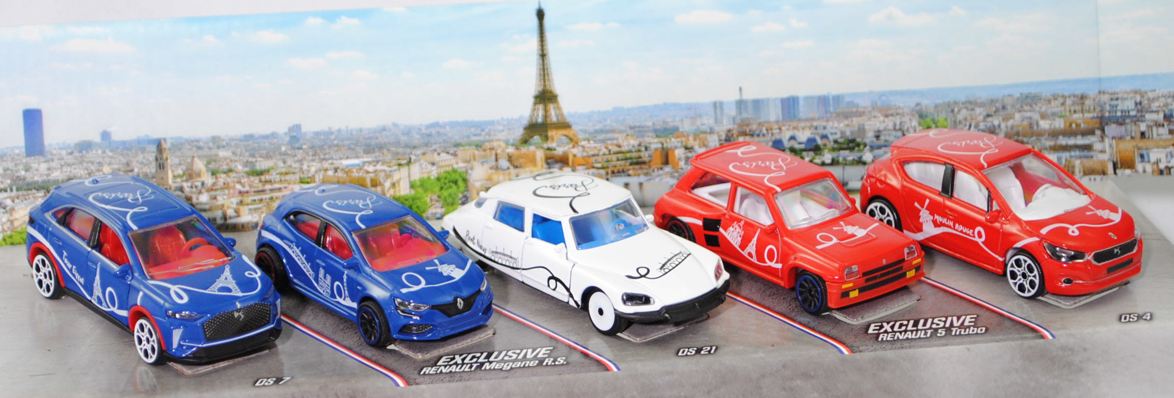 FRENCH TOUCH Giftpack: DS 7+Renault Mégane R.S.+Citroen DS 21+Renault 5 Turbo+DS 4, majorette, 1:64, mb