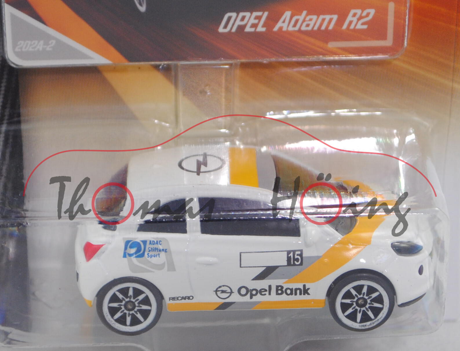 Opel Adam R2 (Mod. 2013-), weiß/gelb/grau, ADAC/Stiftung/Sport / Opel Bank, Nr. 15, majorette, 1:55