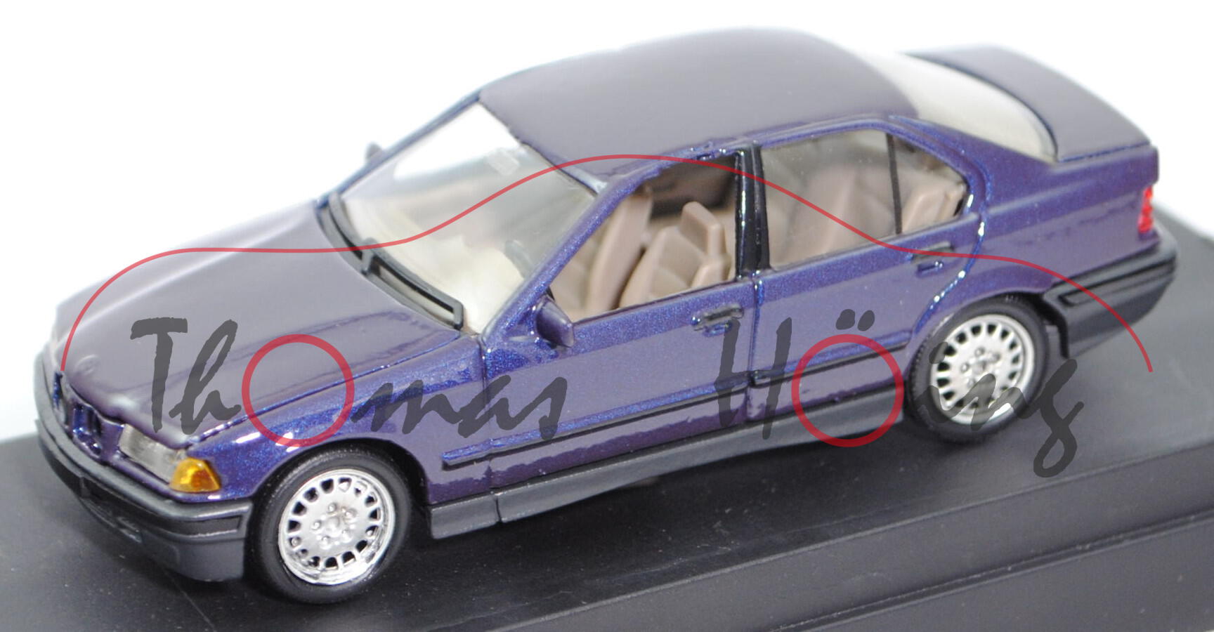 BMW 325i Limousine (Baureihe E36, Modell 1990-1995), dunkel-nachtblaumetallic, Solido, 1:43, PC-Box