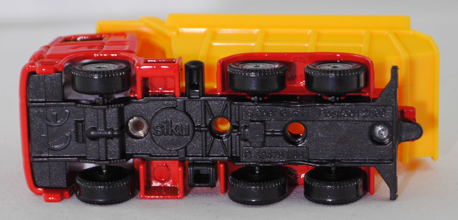 00001 Scania R380 (Baureihe R, Typ CR16, Day cab, Modell 2007-2009) LKW mit Kippmulde, verkehrsrot/verkehrsgelb, U-Bügels links, C36, SIKU SUPER, 1:89, P29f