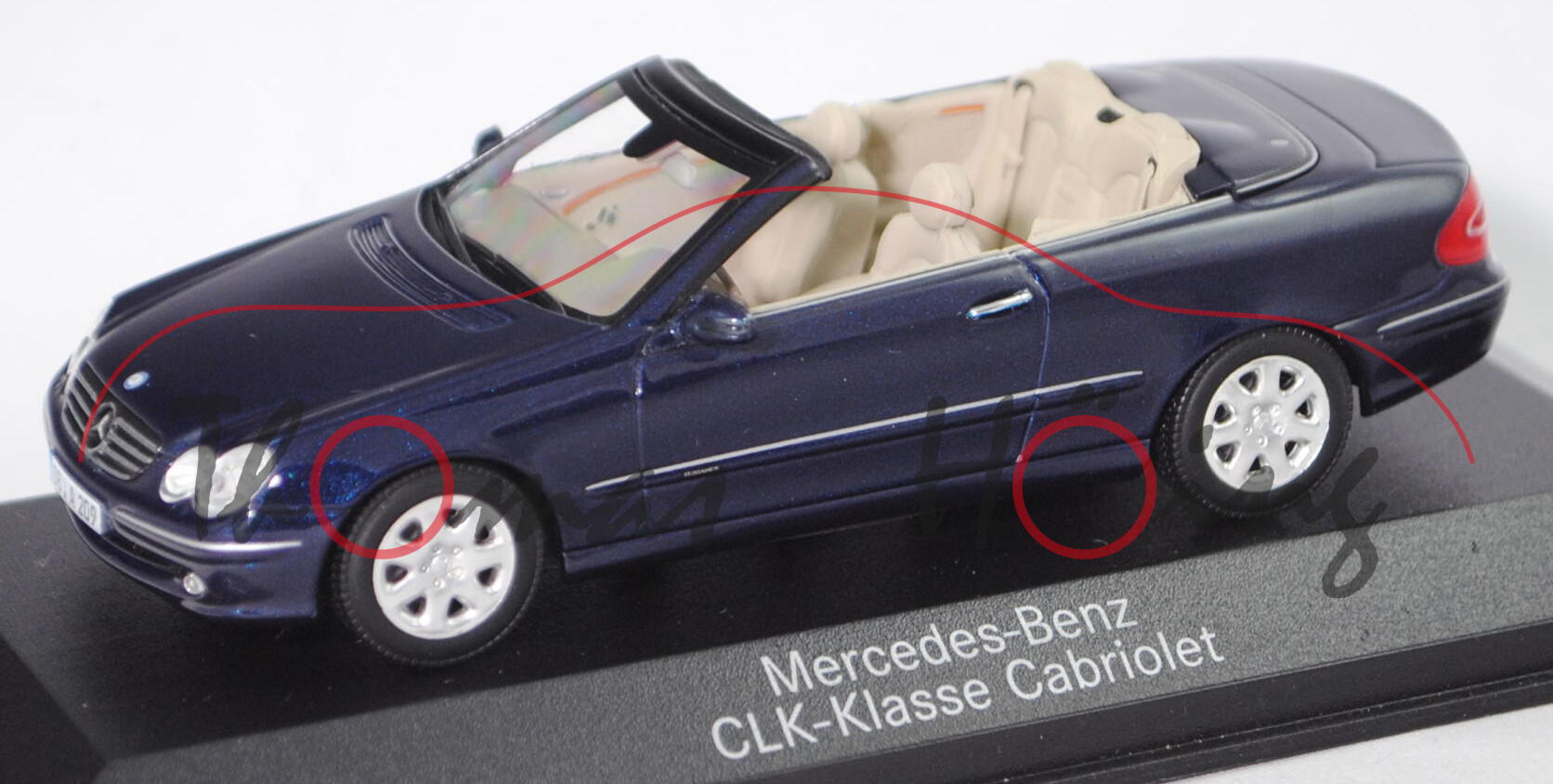 Mercedes-Benz CLK-Klasse Cabriolet (A 209, Mod. 2003-2005), tansanitblau met., Minichamps, Werbebox