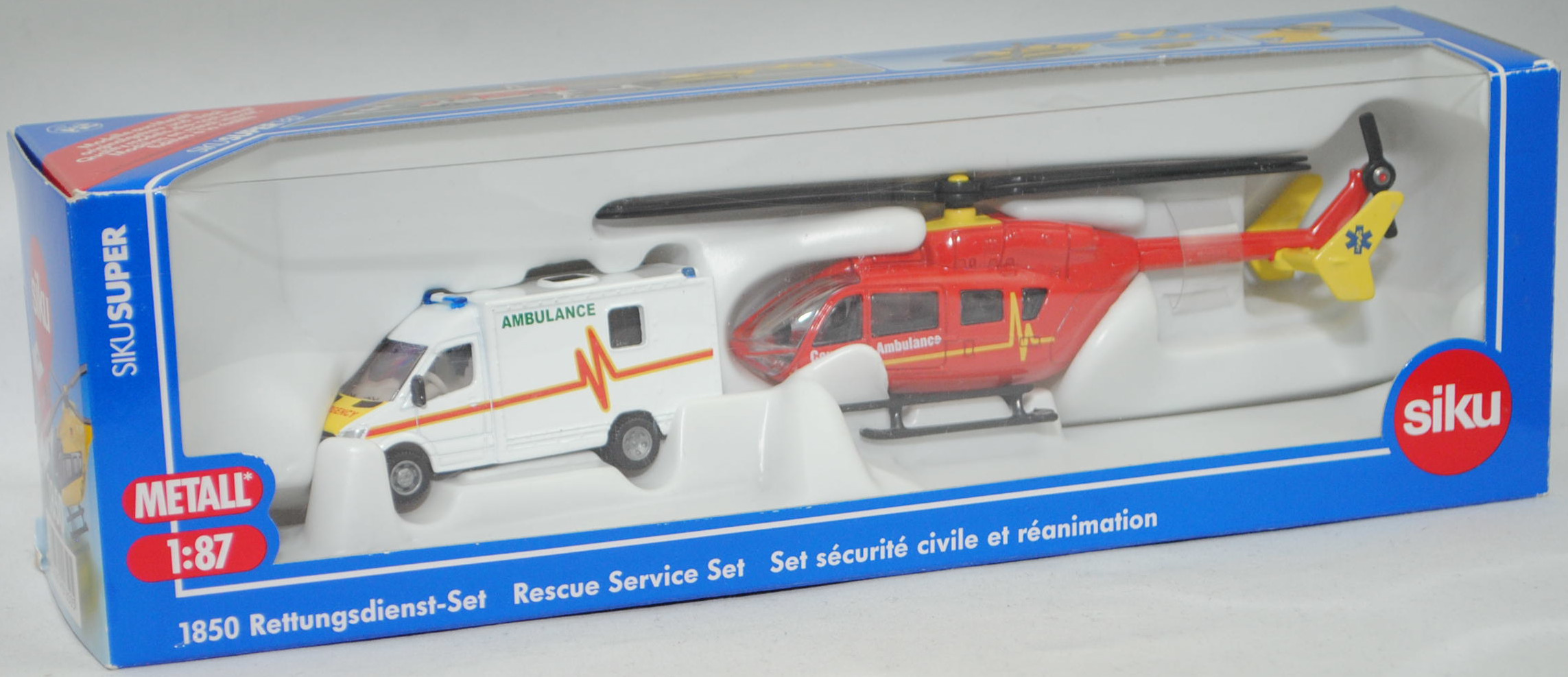 00600 GB Rettungsdienst-Set: RTW Mercedes-Benz Sprinter II und Eurocopter EC 145 Hubschrauber, RTW: AMBULANCE; Hubschrauber: County Air Ambulance, SIKU, 1:87, L17mK