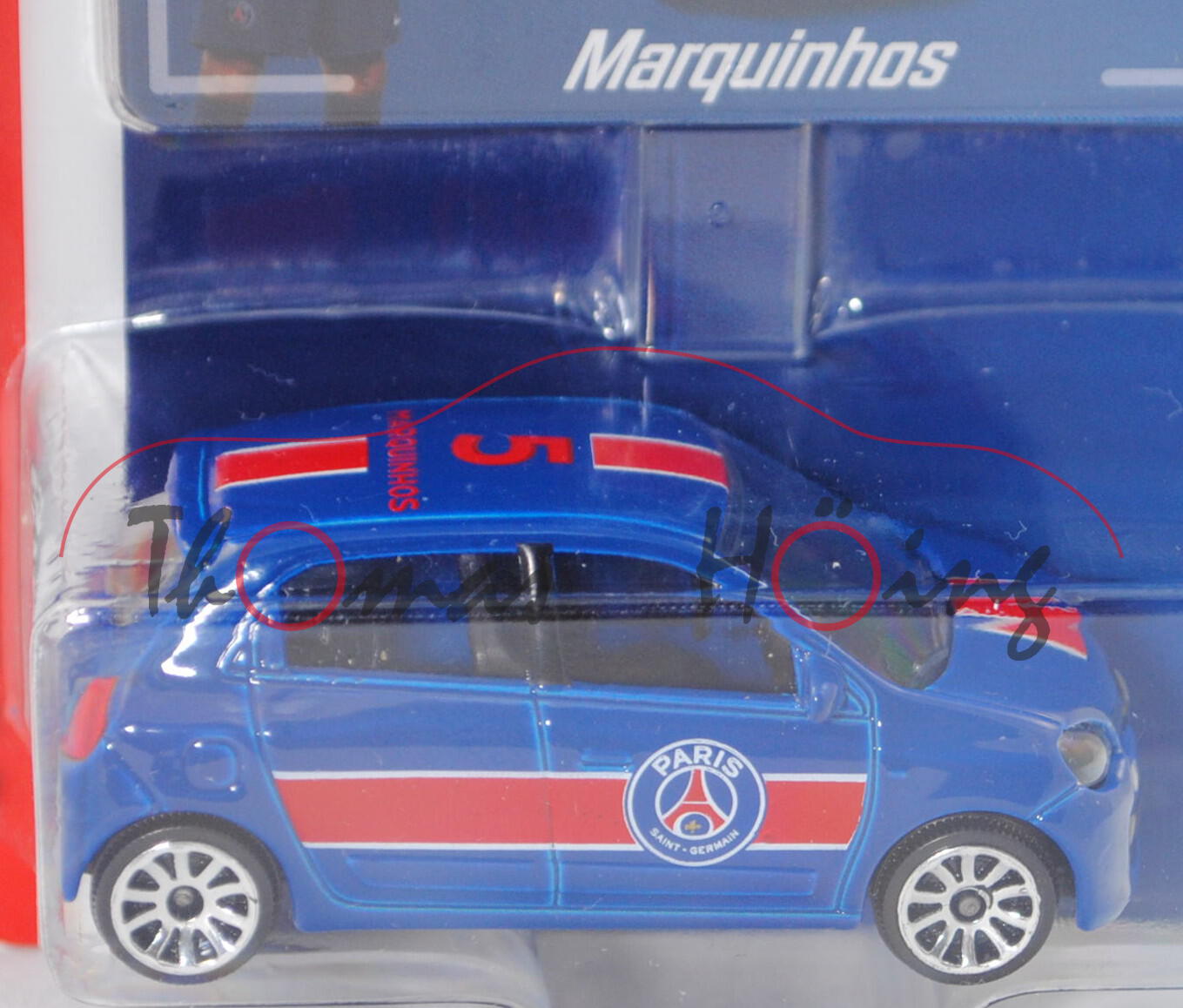 Renault Twingo (3. Gen., Mod. 14-19), blau, 5 / MARQUINHOS, m. Sammelkarte, majorette, 1:54, Blister