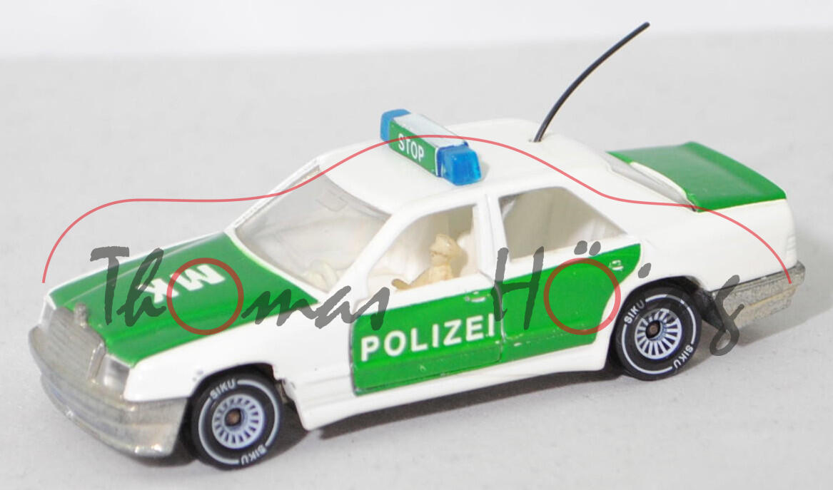 00005 Mercedes-Benz 300 E (W 124, Modell 1985-1986) Peterwagen, reinweiß, innen weiß, POLIZEI / MK, Mittelkonsole glatt, B4, SIKU, 1:55, mit Figur, m-