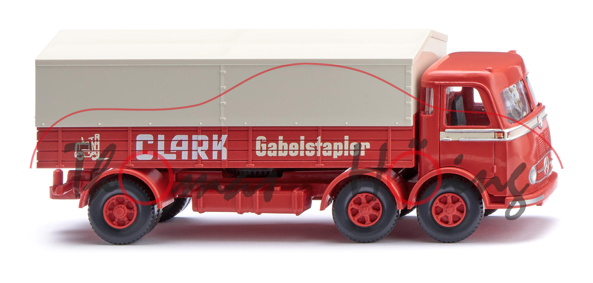 Mercedes-Benz LP 333 (Typ Frontlenker mit 2 Vorderachsen und langem Fahrerhaus, Modell 1958-1961) Pritschen-LKW, korallenrot, CLARK Gabelstapler, Wiking, 1:87, mb