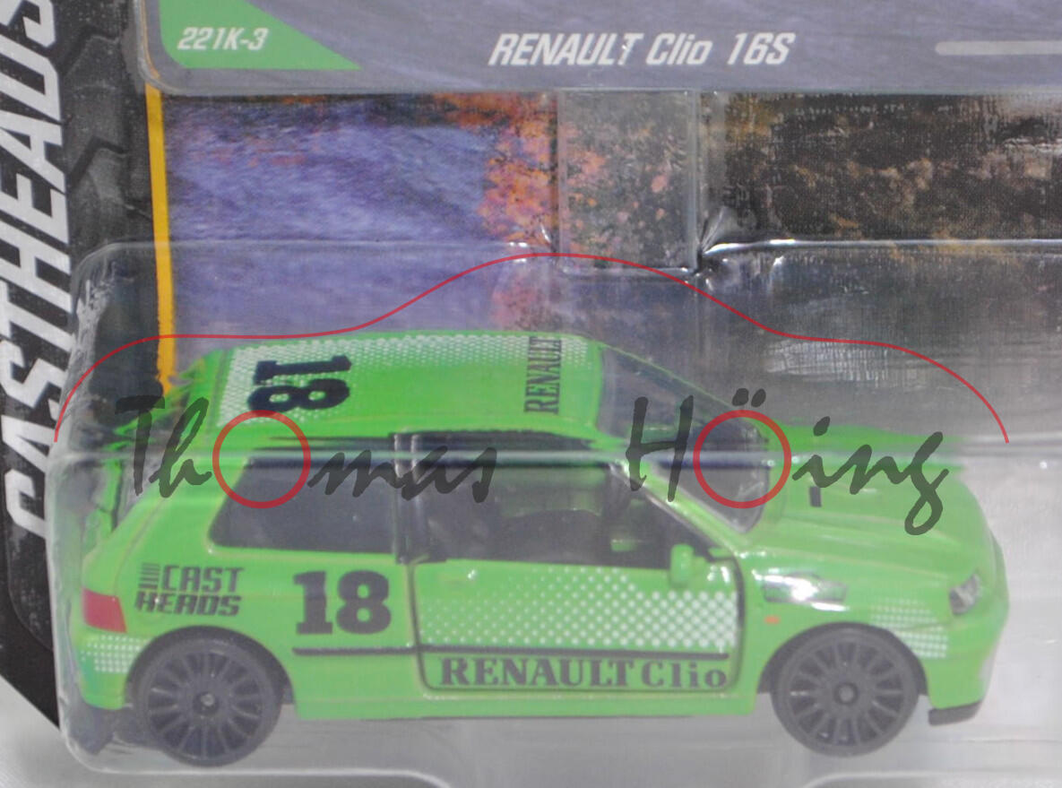 Renault Clio 16S (1. Gen., Typ 57, Modell 1991-1994), gelbgrün, Nr. 221K-3, majorette, 1:53, Blister