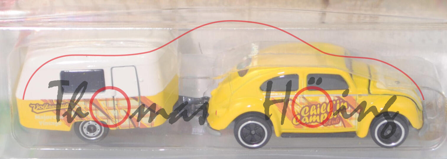 Volkswagen Käfer 1200 Export Limousine (Modell 1955-1957) mit ERIBA-Leicht-Wohnanhänger PUCK (Modell 1957-1960), gelb, majorette, Blister (VOLKSWAGEN with Trailer)