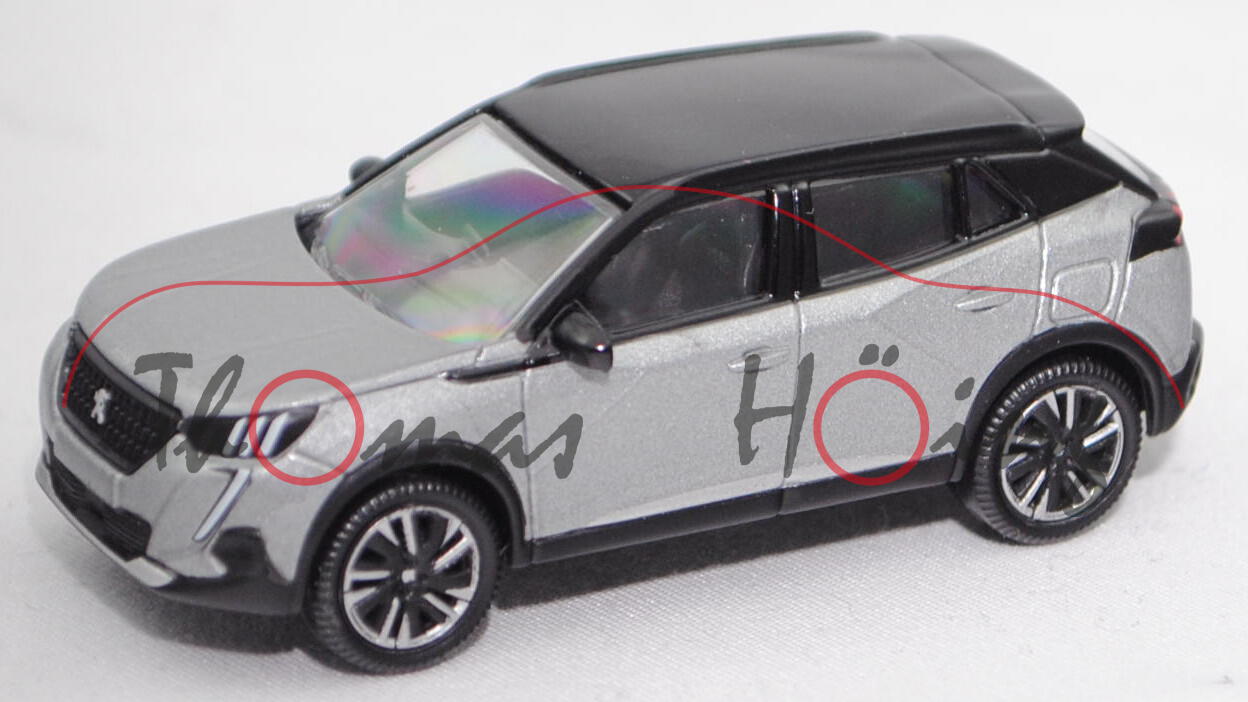 Peugeot 2008 II (2. Generation, Mod. 2019-), metallic artense silber, Dach onyx schwarz, Norev, 1:64