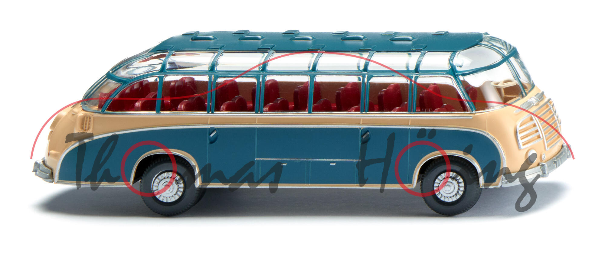 Setra S8 Reisebus (1. Generation, Baureihe S8, Modell 1952-1958), Panoramadach und Fensterstege azurblau, Unterwagen beige, Wiking, 1:87, mb